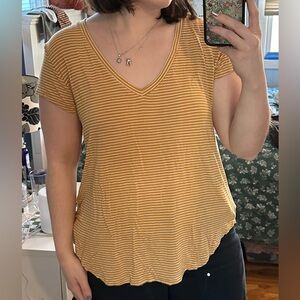 American Eagle Outfitters Yellow and White Striped V-neck Short Sleeve Tee